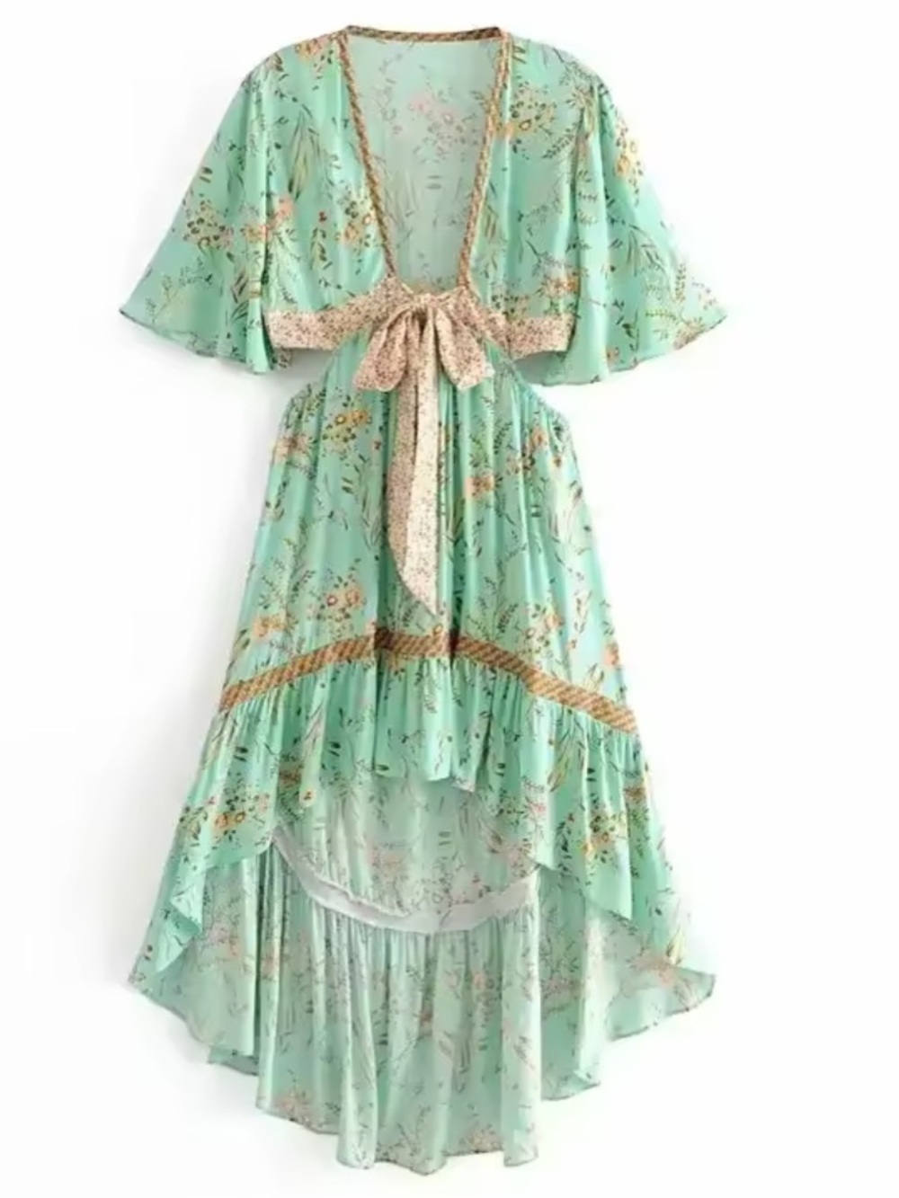 Bohemian Sage Floral High-Low Tie-Waist Boho Festival Dress S